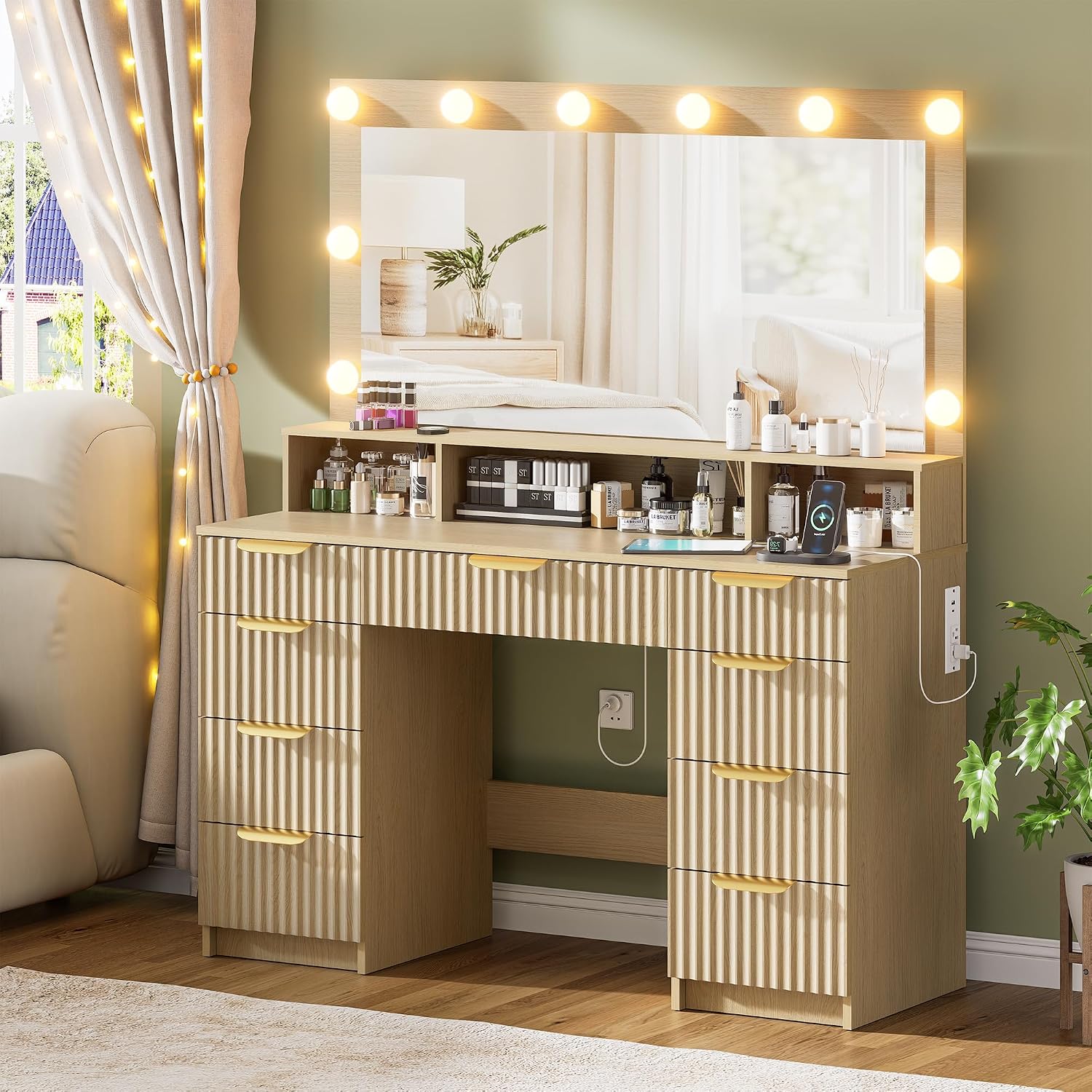 Fluted Vanity Desk with Mirror and Lights, Modern Make up Vanity Dressing Table with 9 Drawers & Large Mirror, Large Vanity Desk with Charging Station for Girls, Women, Bedroom, Natural Oak