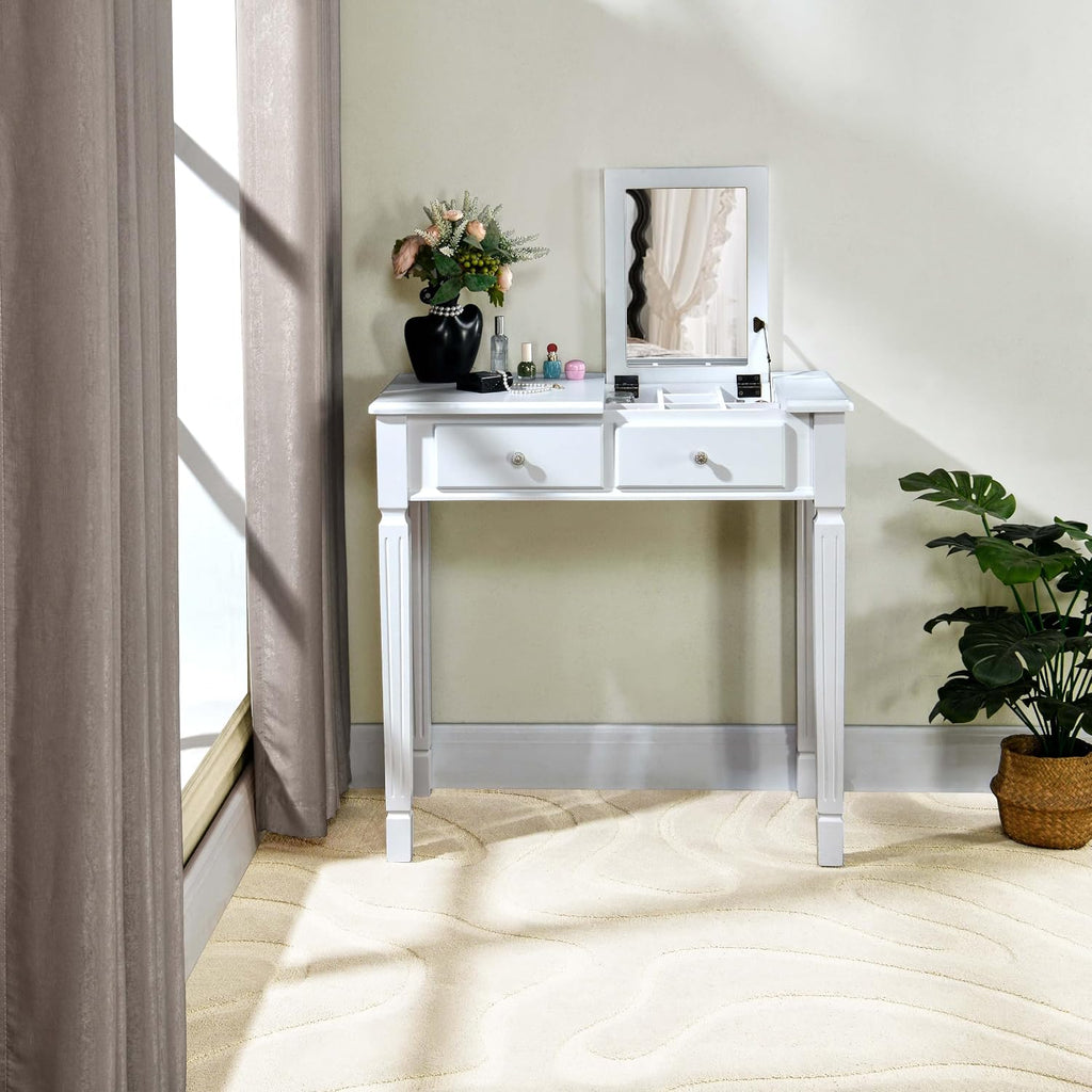 Small Makeup Vanity Desk Table with Flip-Top Mirror and Hidden Storage Compartments, Wood Computer Writing Desk with 2 Drawers, Easy Assembly Dressing Table for Bedroom,White,Red SZT-D0036-WT