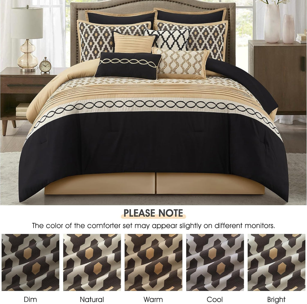 LANCO MODERN LIFESTYLE California King Comforter Set, Black Gold, 10 Piece Bed in a Bag for All Seasons, Luxury Extreme Comfort Bedding Sets with Bedskirt, Pillow Shams, Euro Shams and Decor Pillows