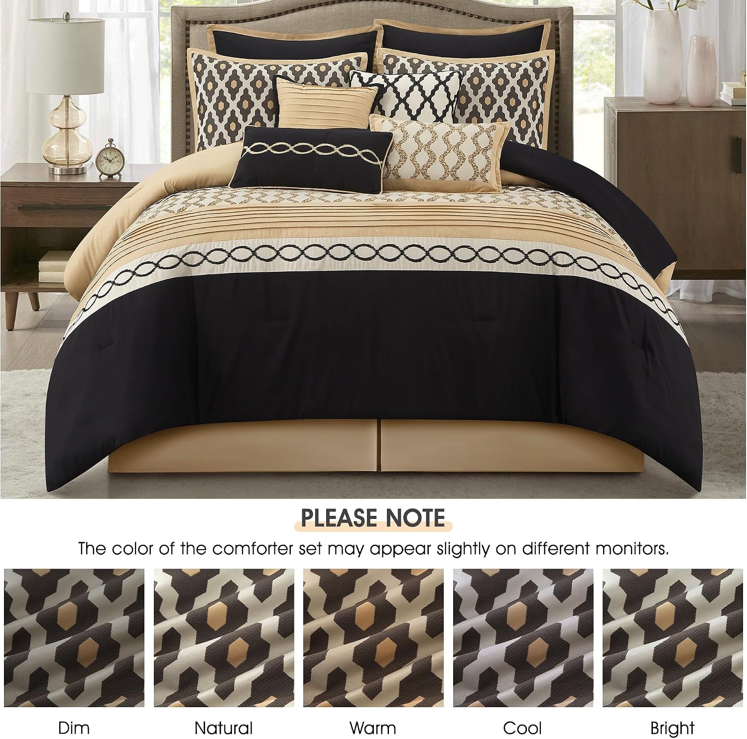 LANCO MODERN LIFESTYLE California King Comforter Set, Black Gold, 10 Piece Bed in a Bag for All Seasons, Luxury Extreme Comfort Bedding Sets with Bedskirt, Pillow Shams, Euro Shams and Decor Pillows