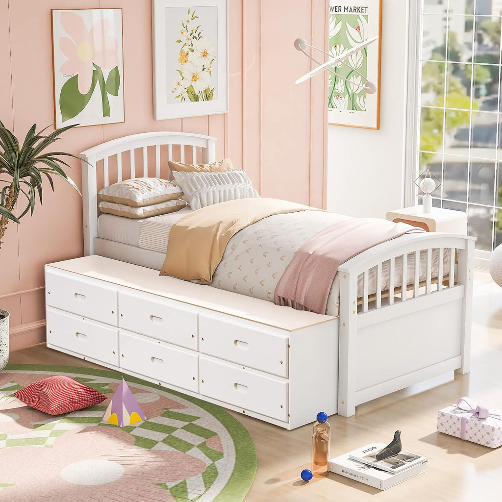 SOFTSEA Twin Captain Bed for Kids, Solid Wood Storage Bed with 6 Drawers, No Box Spring Needed, White