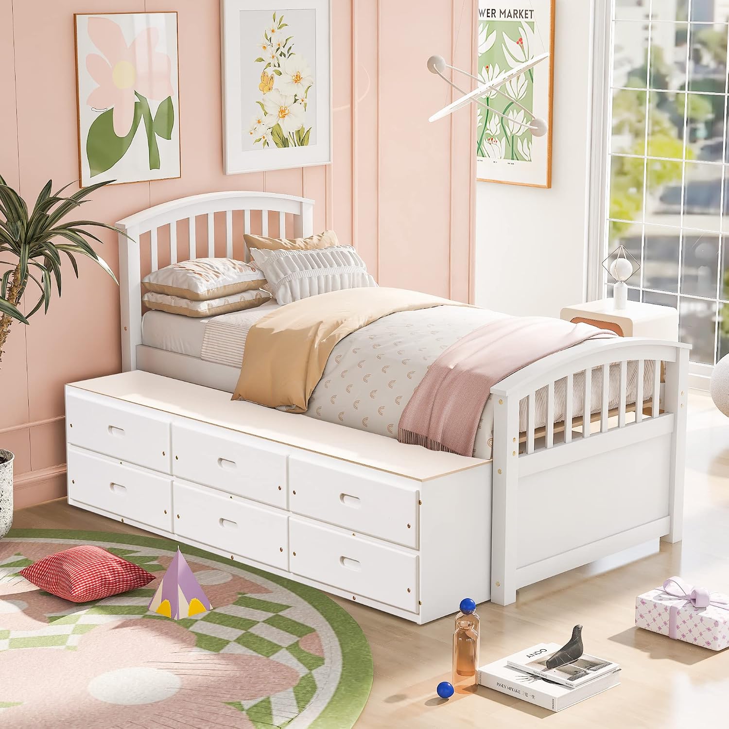 SOFTSEA Twin Captain Bed for Kids, Solid Wood Storage Bed with 6 Drawers, No Box Spring Needed, White