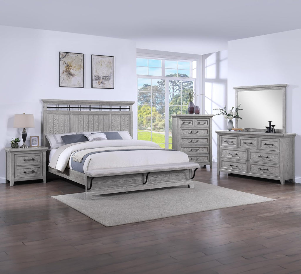 MASARA Rustic King Bed with Nightstand Set, Country Style Bedroom Furniture, Greige Wood Finish