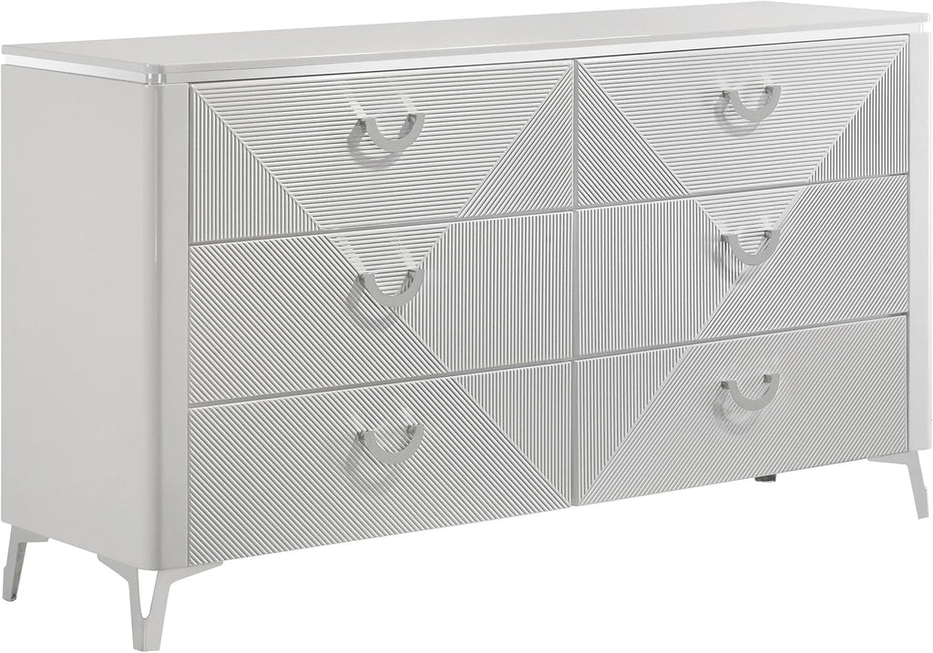 Coaster Home Furnishings - Cassia - Wood - 5-Piece Bedroom Set with Chevron-Tufted Headboard, LED Trim and Contemporary Design - Bedroom - Eastern King Size - White High Gloss - 215791KE-S5
