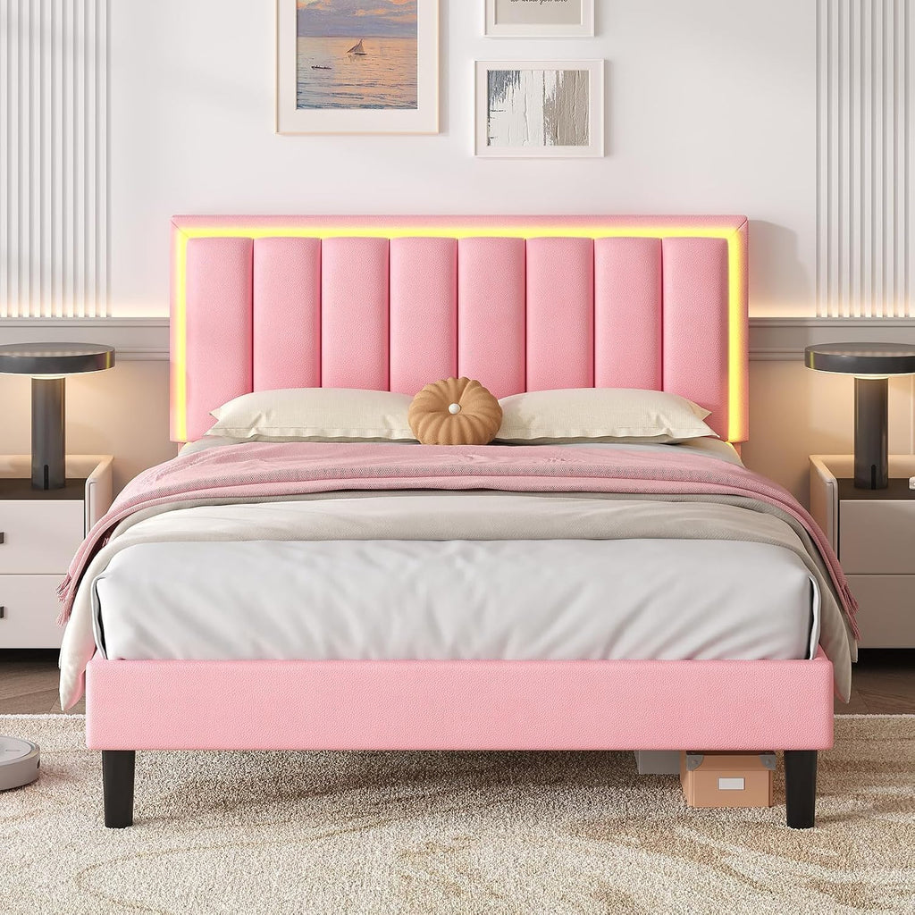 IMMERSTABLE Full Size Bed Frame with RGB LED Lights, Upholstered Platform Bed Frame with Headboard, Wood Slat Support, No Box Spring Needed, Quiet Design, Easy Assembly, Light Pink