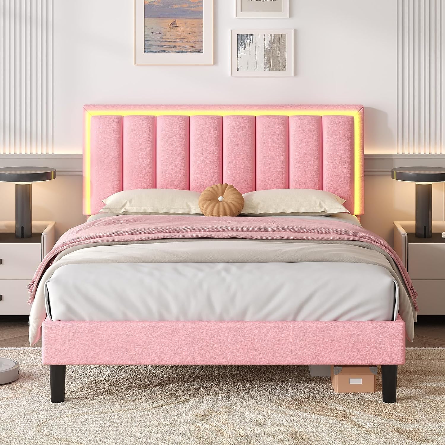 IMMERSTABLE Full Size Bed Frame with RGB LED Lights, Upholstered Platform Bed Frame with Headboard, Wood Slat Support, No Box Spring Needed, Quiet Design, Easy Assembly, Light Pink