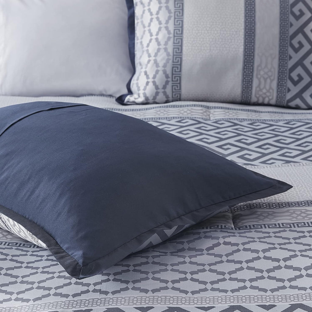 Madison Park Luxury Comforter Set-Traditional Jacquard Design All Season Down Alternative Bedding, Matching Bedskirt, Decorative Pillows, Cal King(104'x92'), Bennett, Geometric Navy 7 Piece