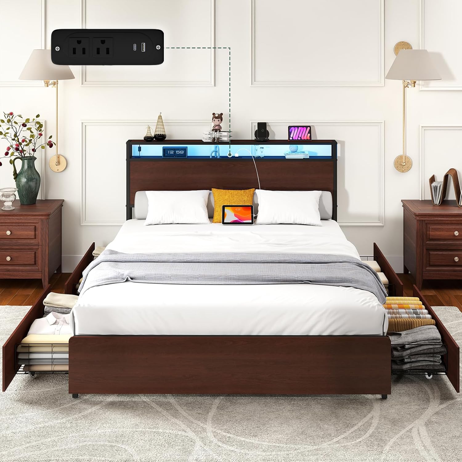 Zevemomo Queen Bed Frame with 4 Storage Drawers, Queen Size Platform Bed Frame with Headboard, Built-in Charging Station & LED Lights, No Box Spring Needed