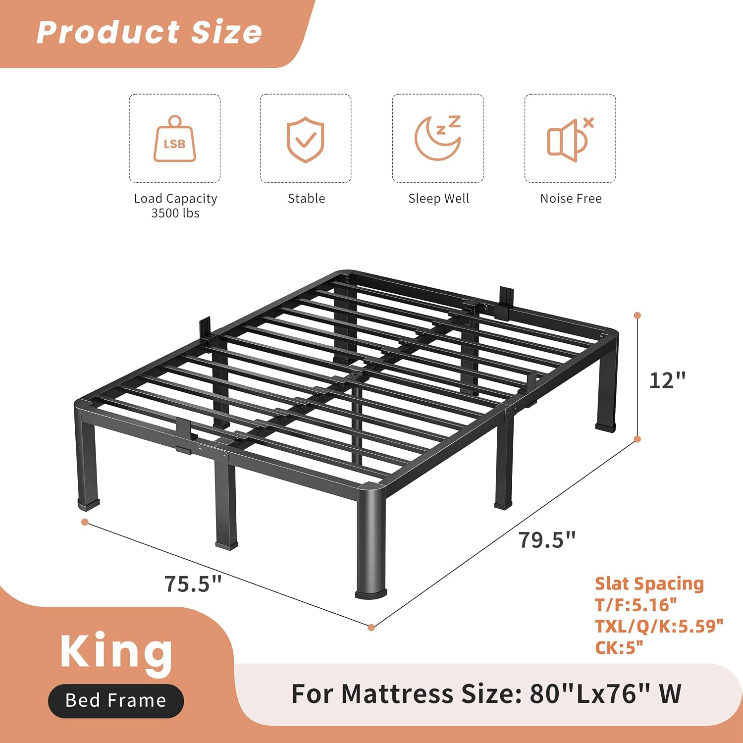 VIPSHOW 12 Inch King Heavy Duty 3500 lbs Bed Frame with Round-Corner Legs & Anti-Squeak Design – Quick Assembly Metal Platform, No Box Spring Needed