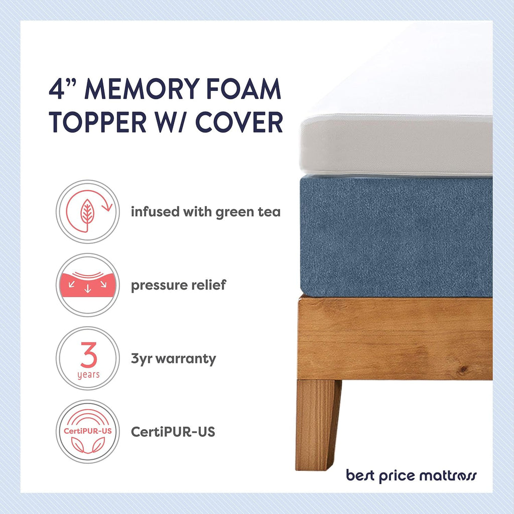 Best Price Mattress Mellow 4 Inch Memory Foam Mattress Topper with Cover, Calming Green Tea Infusion, Short Queen
