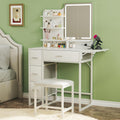 ALEXNUTRE Makeup Vanity Desk with Mirror and Lights, 36.6' Small Makeup Vanity with 4 Fabric Storage Drawer & Chair & Shelves, White Vanity with Fold-up Panel and Power Outlet for Bedroom