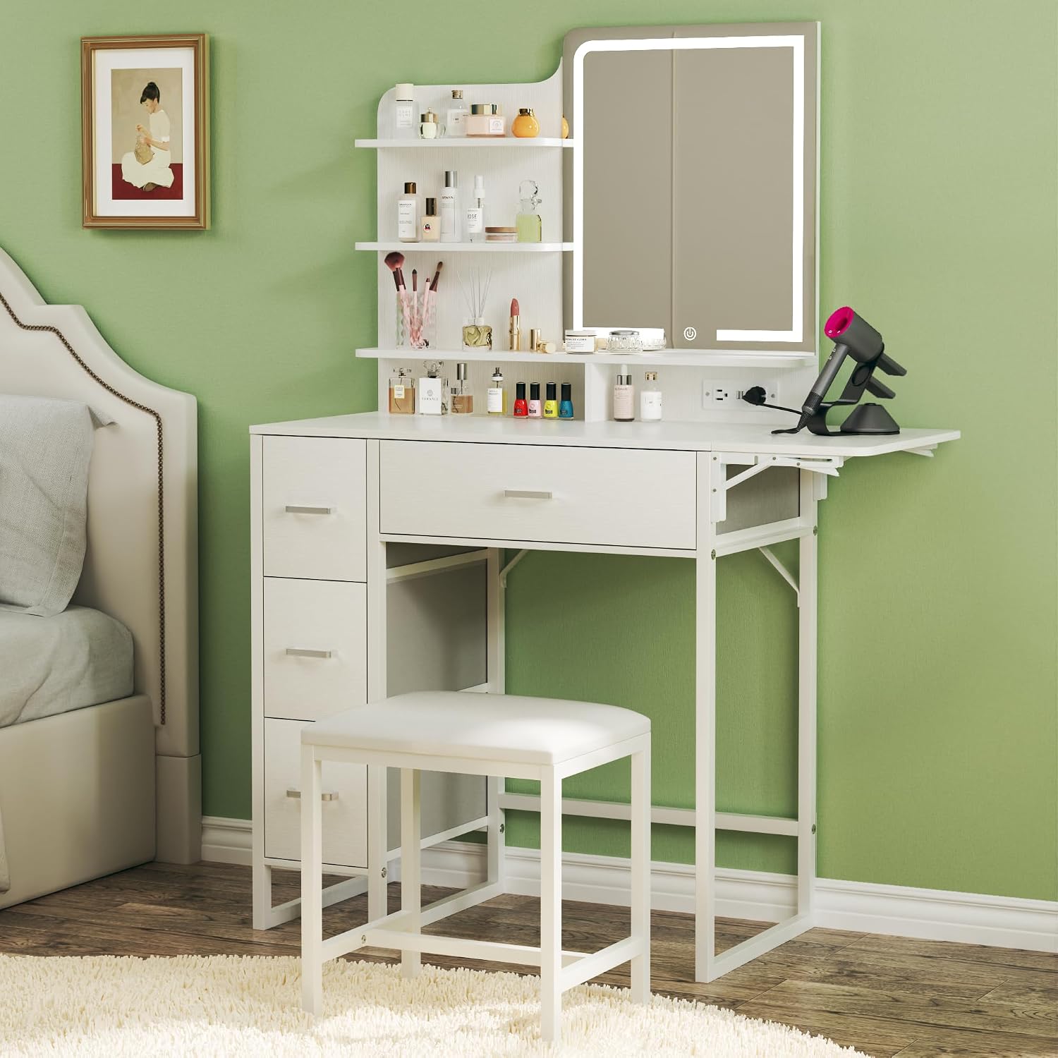 ALEXNUTRE Makeup Vanity Desk with Mirror and Lights, 36.6' Small Makeup Vanity with 4 Fabric Storage Drawer & Chair & Shelves, White Vanity with Fold-up Panel and Power Outlet for Bedroom