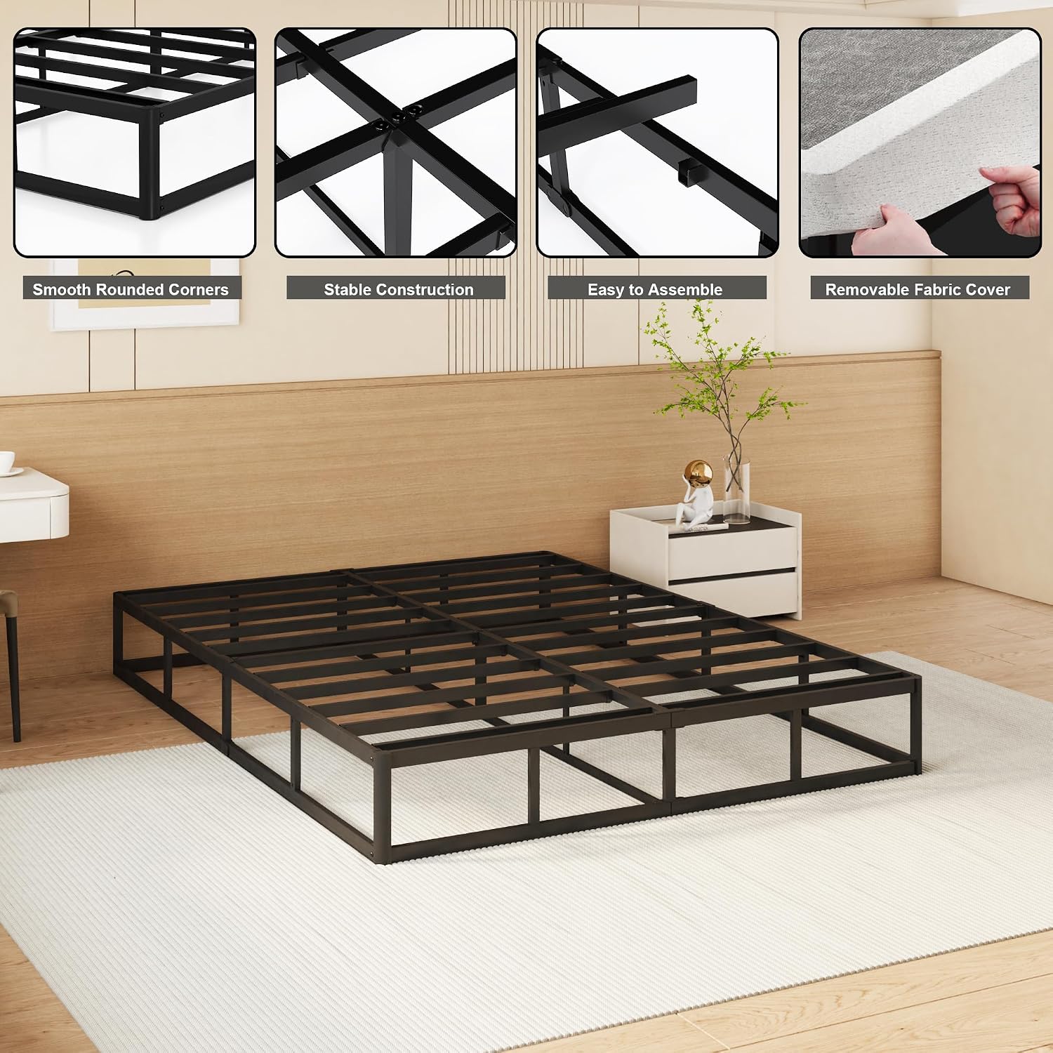 NHODIR 9 Inch Box Spring Queen Size Bed Base, Heavy Duty Metal Queen Mattress Foundation with Upholstered Fabric Cover, Noise Free, Easy Assembly, Black