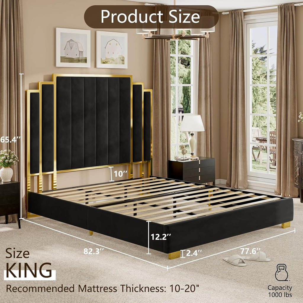 YUMPIE King Size Platform Bed Frame with 65' Extra Tall Headboard, Velvet Upholstered Bed with Golden Plating Trim, Wooden Slats/No Box Spring Needed/Noisy Free/Black