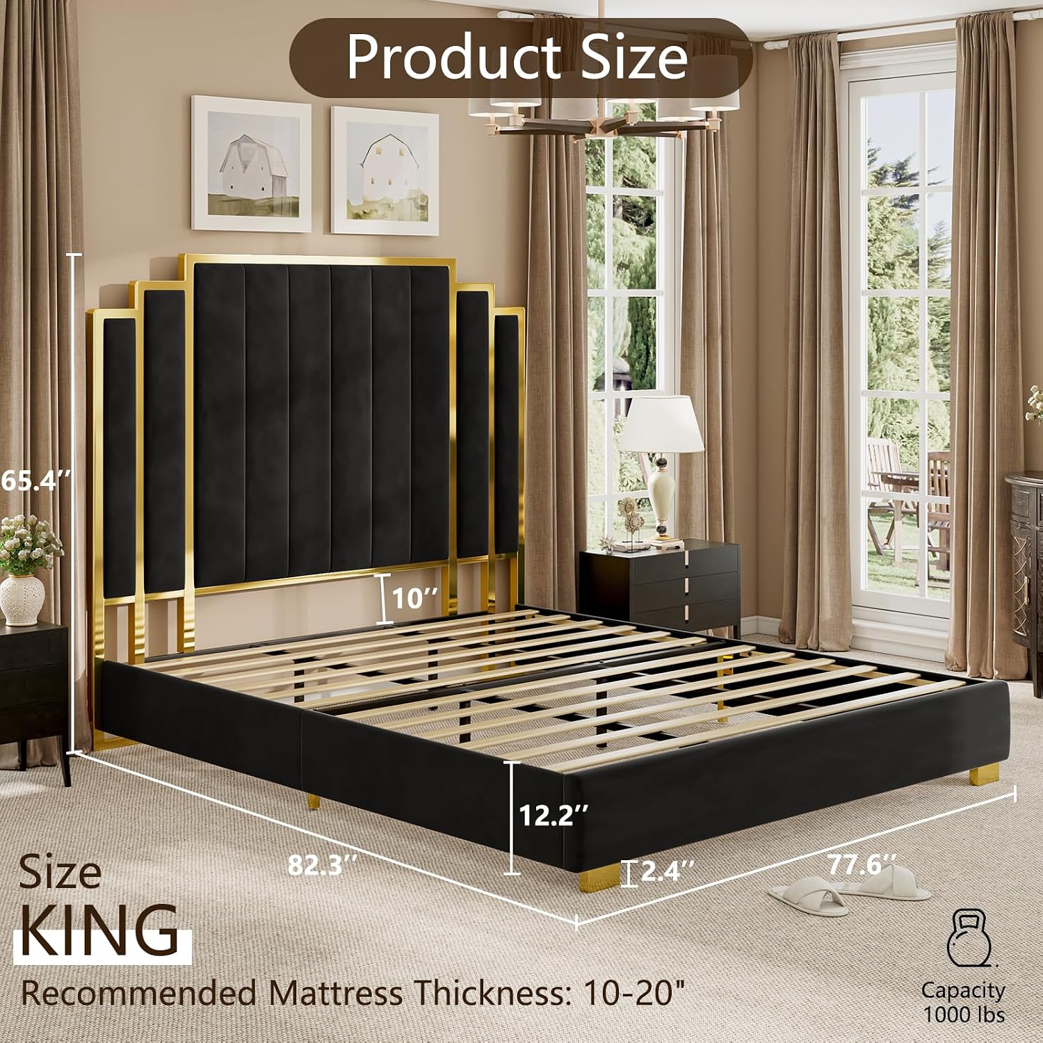 YUMPIE King Size Platform Bed Frame with 65' Extra Tall Headboard, Velvet Upholstered Bed with Golden Plating Trim, Wooden Slats/No Box Spring Needed/Noisy Free/Black