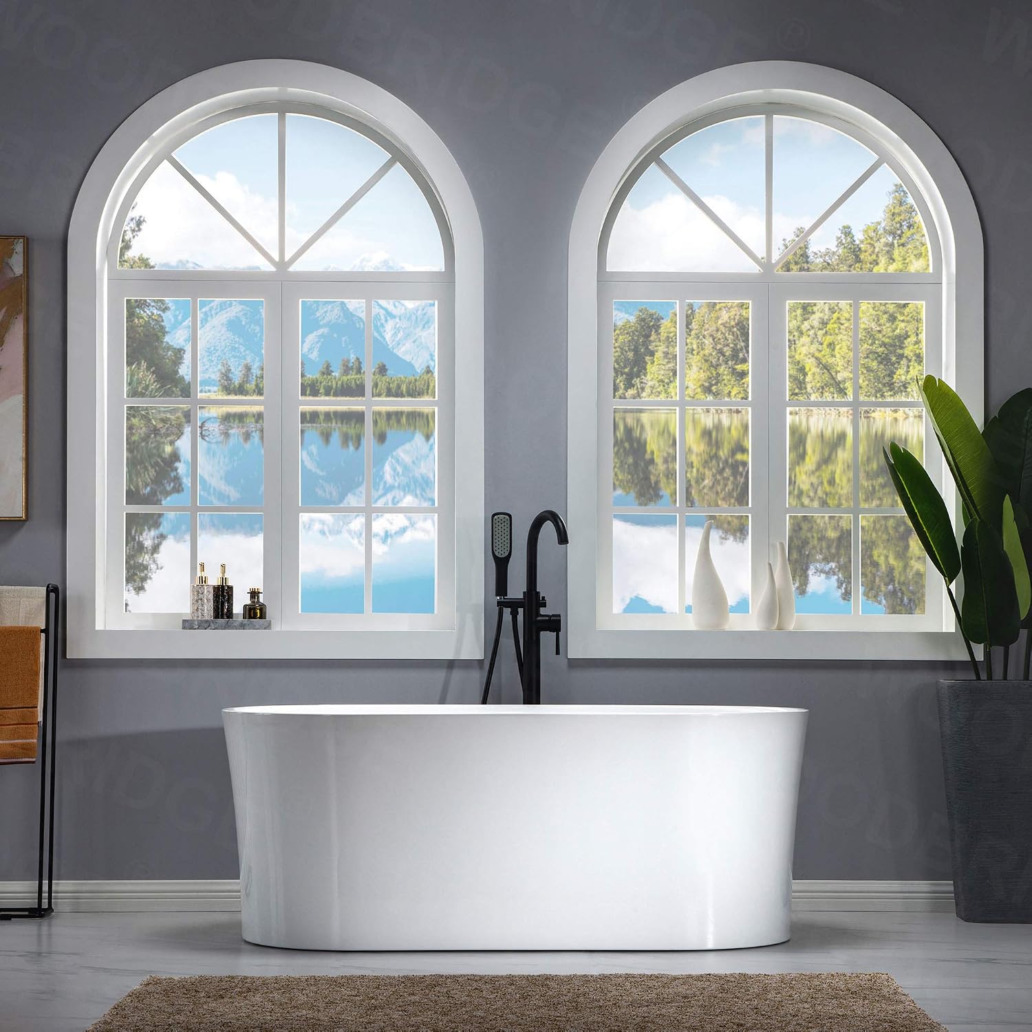 WOODBRIDGE 67' Acrylic Freestanding Bathtub Contemporary Soaking White Tub with Brushed Nickel Overflow and Drain,White,B0101-B