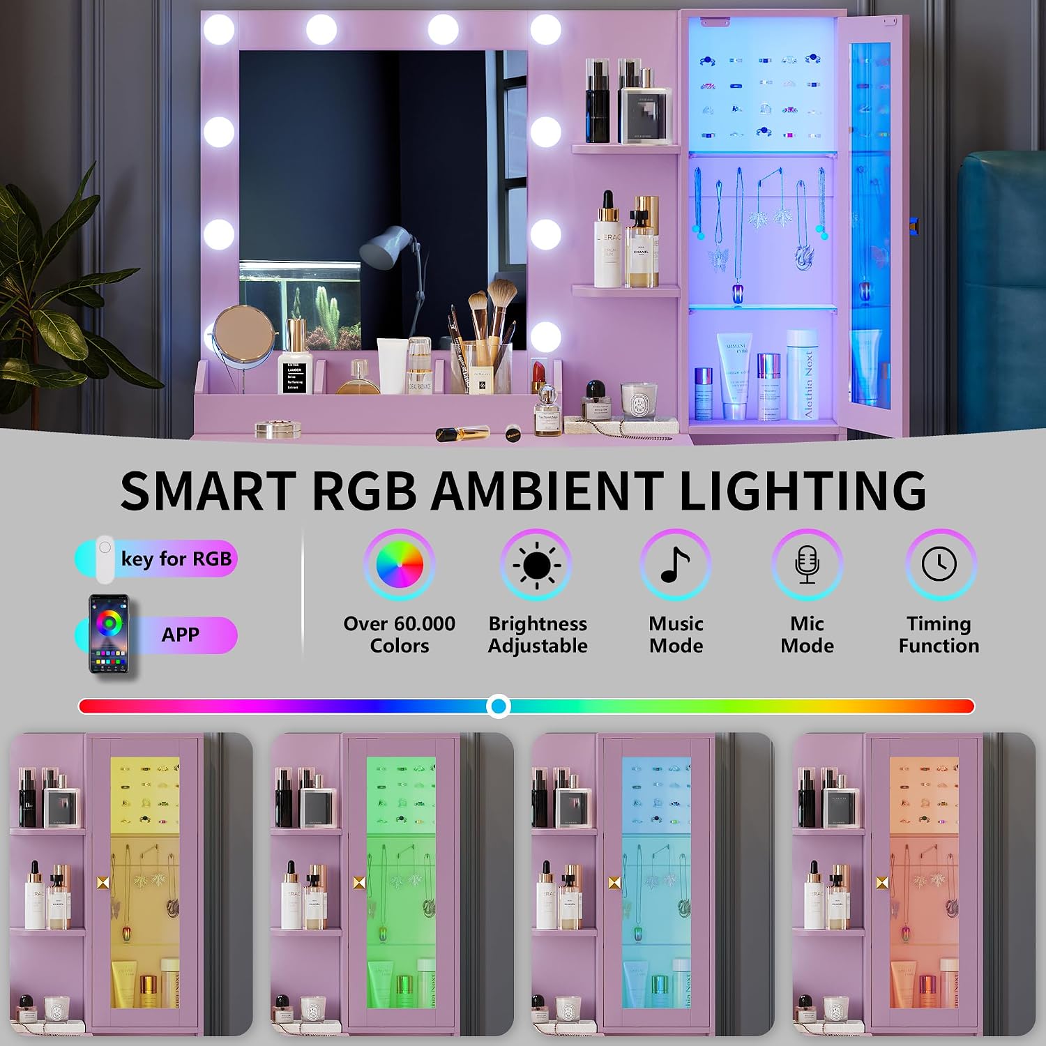 Vanity Desk with Mirror and Lights, Makeup Vanity Table Set with 5 Storage Drawers, Power Outlet & Chair, Small Dressing Table with RGB Ambient Light, Adjustable Brightness for Girls Bedroom, Purple