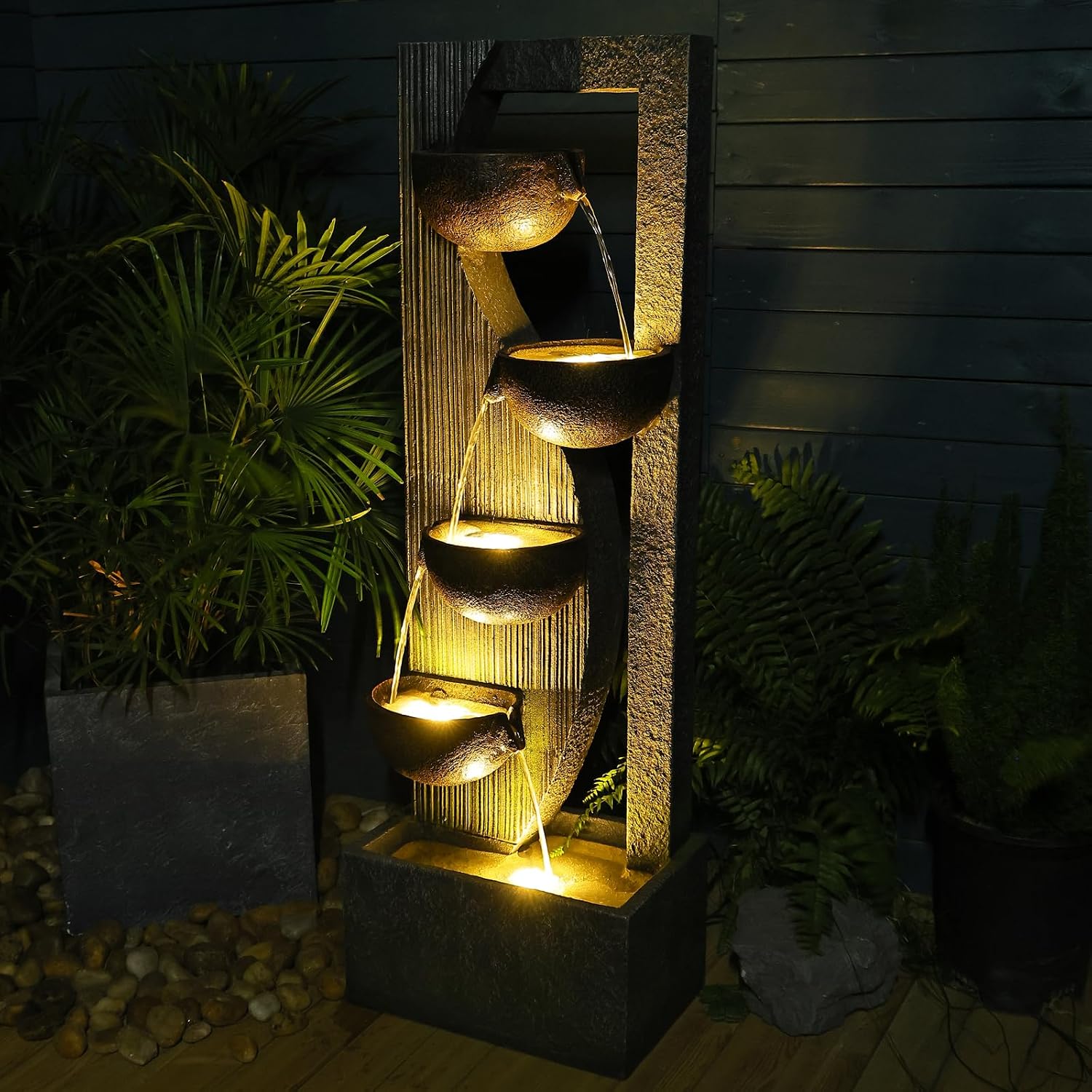 Sunlinua Outdoor-Water-Fountain Waterfalls Garden Fountain 5-Tier Outdoor Floor Standing Water Fountains with Natural Stones, LED Lights, Pump for Garden, Living Room, Patio, 49.2 Inches Tall