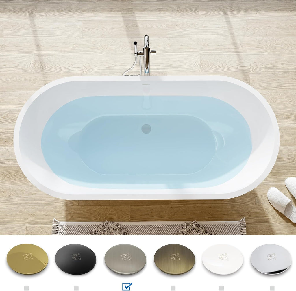 FerdY Bali 59' Acrylic Freestanding Bathtub, Gracefully Shaped Freestanding Soaking Bathtub with Brushed Nickel Drain & Minimalist Linear Design Overflow, Glossy White, cUPC Certified