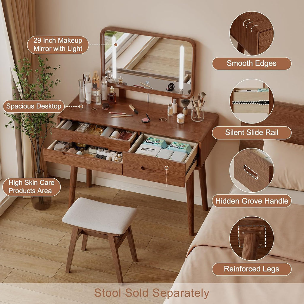Solid Wood Vanity with Mirror and Lights, Adjustable Brightness, Wood Makeup Vanity with 3 Drawers, Semi-Assembled, Vanity Desk for Bedroom (Walnut)