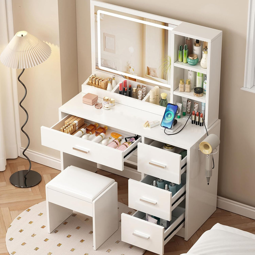 OTOQS Vanity Desk with Mirror and Lights, 4 Drawers & Benches Vanity Desk Set, 3 Color Lighting Modes Adjustable Brightness Vanity for Bedroom Makeup Table