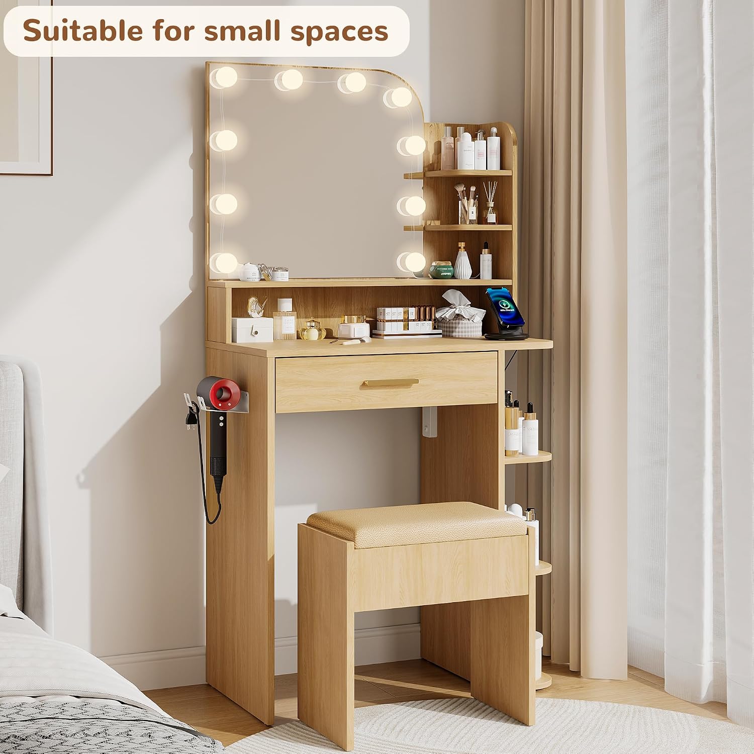 wanan Makeup Vanity with Chair, Small Vanity Desk with Mirror and Lights 3 Colors, Girls Vanity Set with Power Outlet, Compact Vanity Table for Small Space, Oak