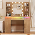 HUANLEGO Vanity Desk with Mirror and Lights, Makeup Vanity with Mirror and LED Lights & Power Outlet, 3 Drawers and Cabinets, 3 Lighting Modes Dressing Table Set for Girls Women Bedroom,Oak