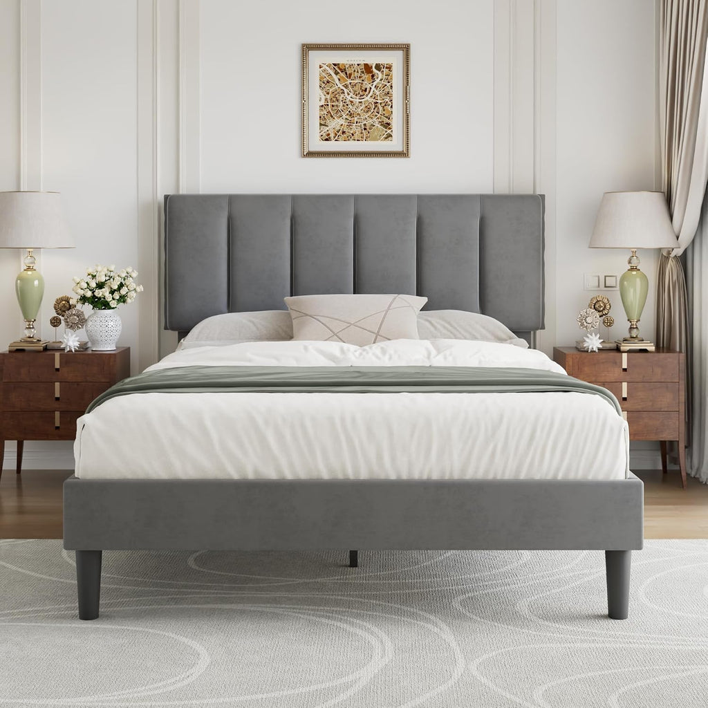 VECELO Queen Bed Frame with Upholstered Headboard, Heavy-Duty Platform Bedframe with Strong Wooden Slats Support, No Boxing Spring Needed, Dark Grey