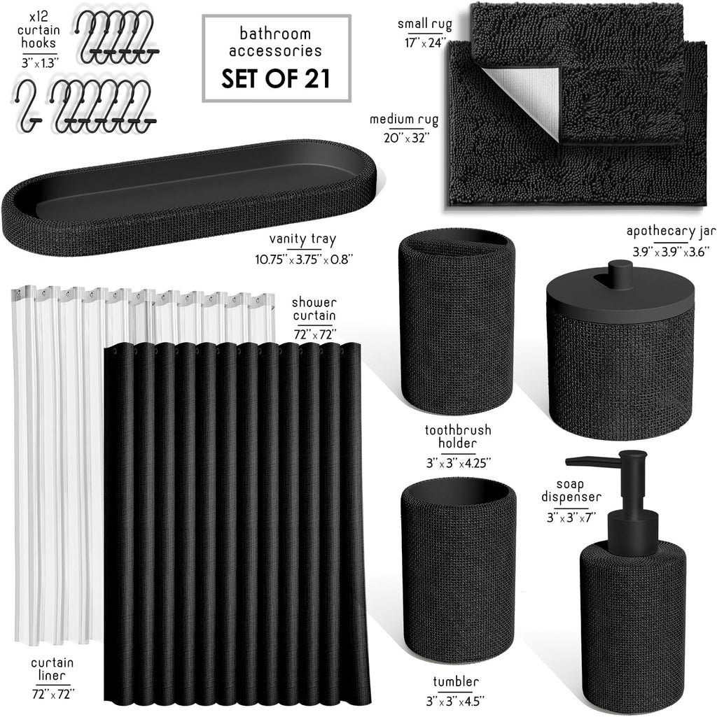 Hearth & Harbor Black Bathroom Set - Bathroom Sets with Shower Curtain and Rugs, 21PC Bathroom Accessory Set, Shower Curtain Set with Soap Dispenser & Toothbrush Holder