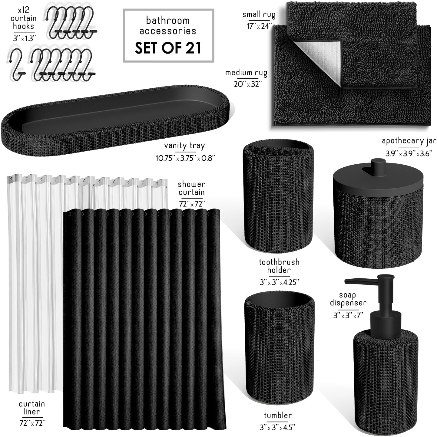 Hearth & Harbor Black Bathroom Set - Bathroom Sets with Shower Curtain and Rugs, 21PC Bathroom Accessory Set, Shower Curtain Set with Soap Dispenser & Toothbrush Holder