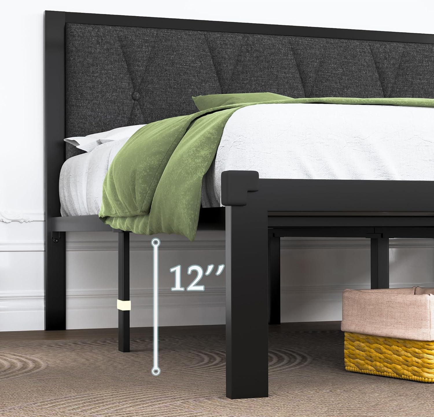 Feonase Full Size Metal Bed Frame with Fabric Button Tufted Headboard, Platform Bed Frame with Heavy Duty Metal Slats, 12' Storage Space, Noise Free, No Box Spring Needed, Dark Grey