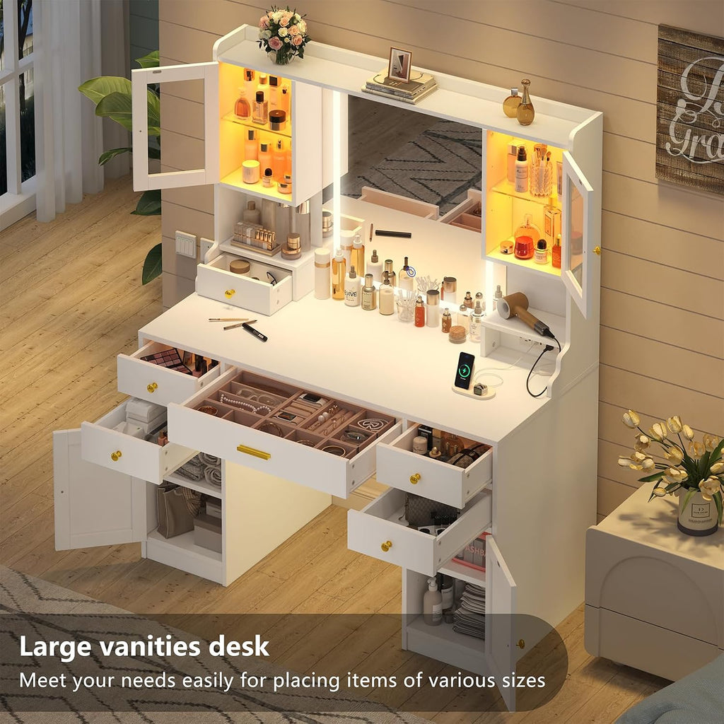 Vanity Desk with Mirror and Lights, White Makeup Vanity Table with Charging Station，Large Vanity Desk with 6 Drawers & 2 RGB Cabinet, Dressing Table Set with Lighted Mirror Adjustable, for Bedroom