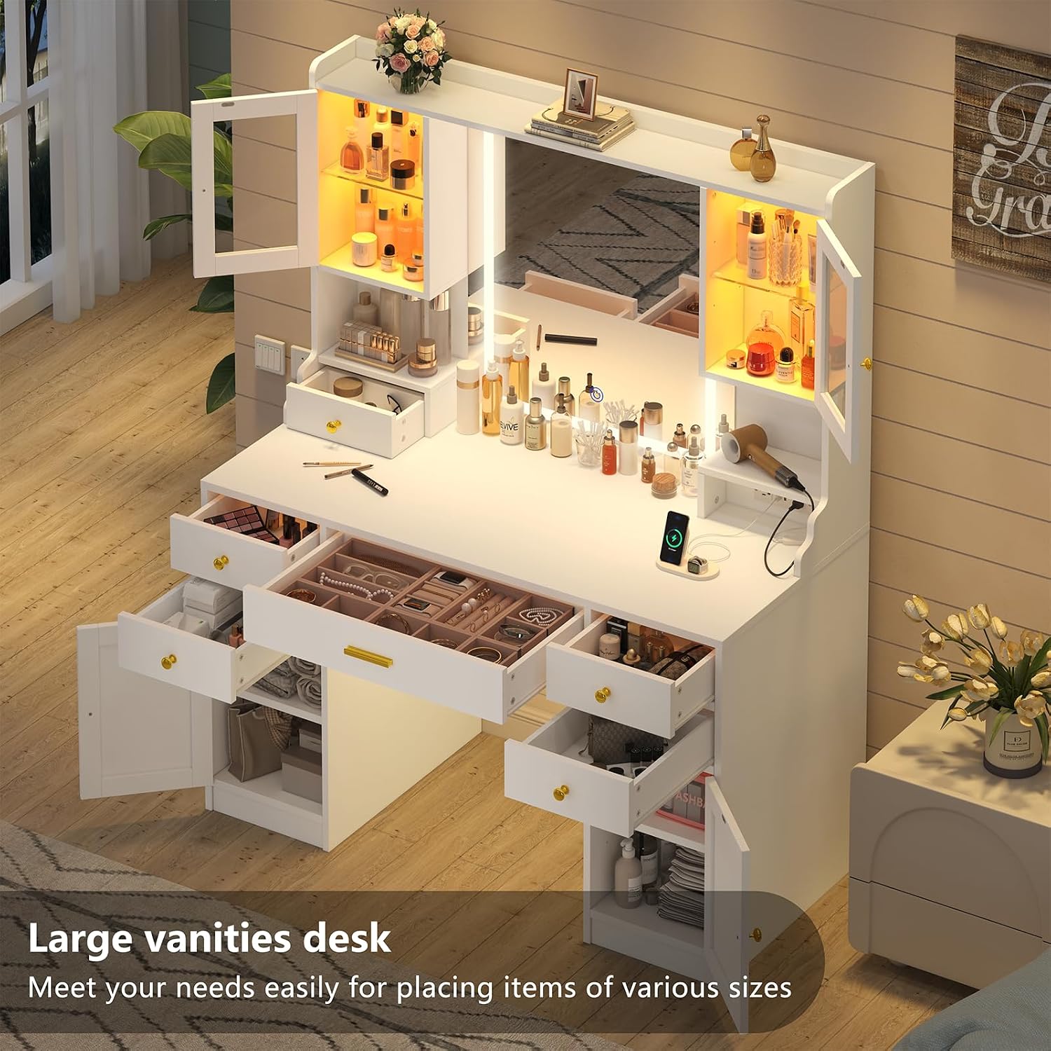 Vanity Desk with Mirror and Lights, White Makeup Vanity Table with Charging Station，Large Vanity Desk with 6 Drawers & 2 RGB Cabinet, Dressing Table Set with Lighted Mirror Adjustable, for Bedroom