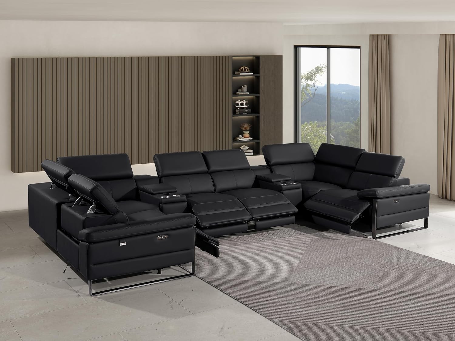 BlackJack Furniture Antonio 8 Piece U Shaped Power Reclining Sectional Sofa, Modular Couch with Top Grain Italian Leather, 4 Electric Recliners, USB & Wireless Chargers, Storage Console, Black