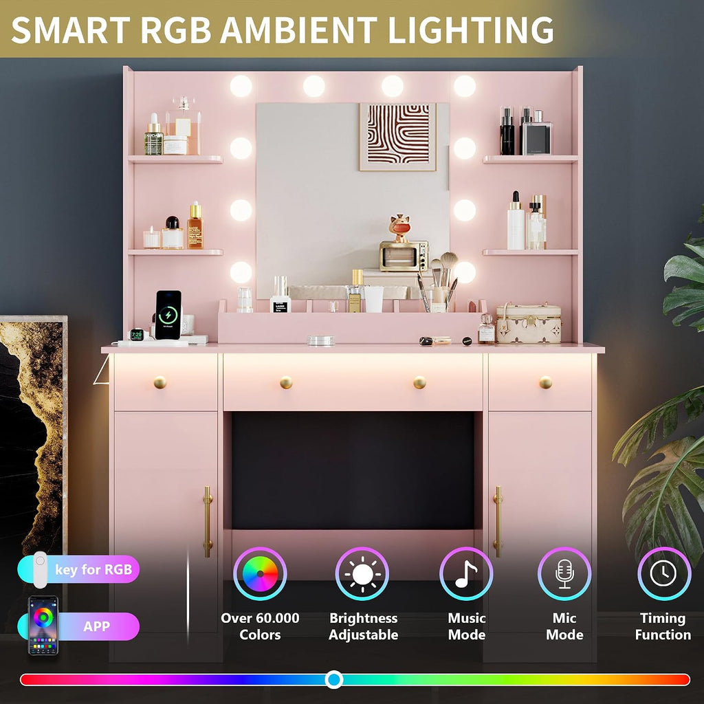 Vanity Desk with Mirror and Lights, 43'' Makeup Dressing Table Set with 5 Drawers & Power Outlet, 3 Lighting Modes Brightness Adjustable, Vanity with RGB Ambient Light for Women Girls Bedroom, Pink