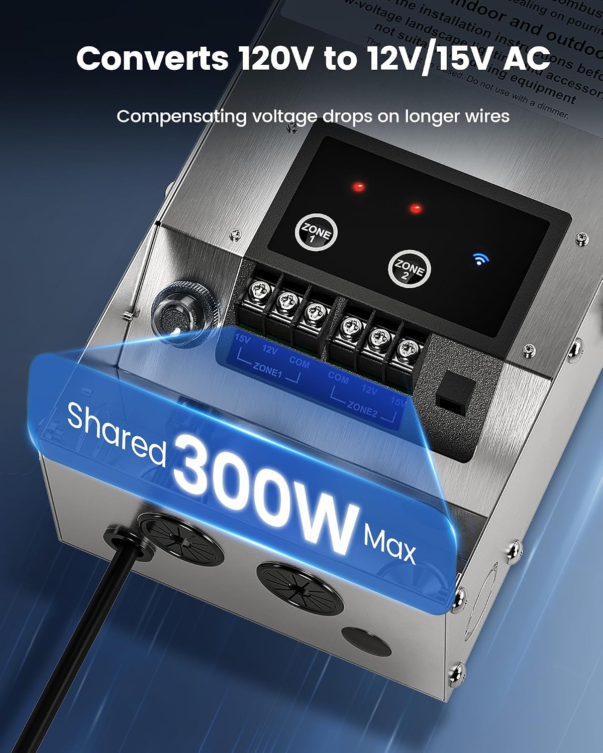 SURAIELEC 300W Wi-Fi Low Voltage Landscape Transformer with 2 Zones, 2.4GHz Smart Outdoor Low Voltage Transformer, Astronomial Timer, 120V to 12V/15V AC, Stainless Steel, ETL Listed