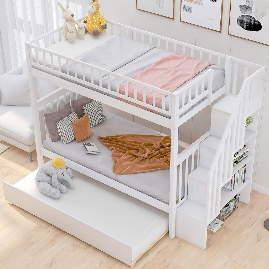 Solid Wood Twin Over Twin Bunk Bed with Trundle, Staircase, 4 Storage Shelves and Guard Rail, Can be Split Into 3 Separate Beds, No Box Spring Needed (White+3 Bed)