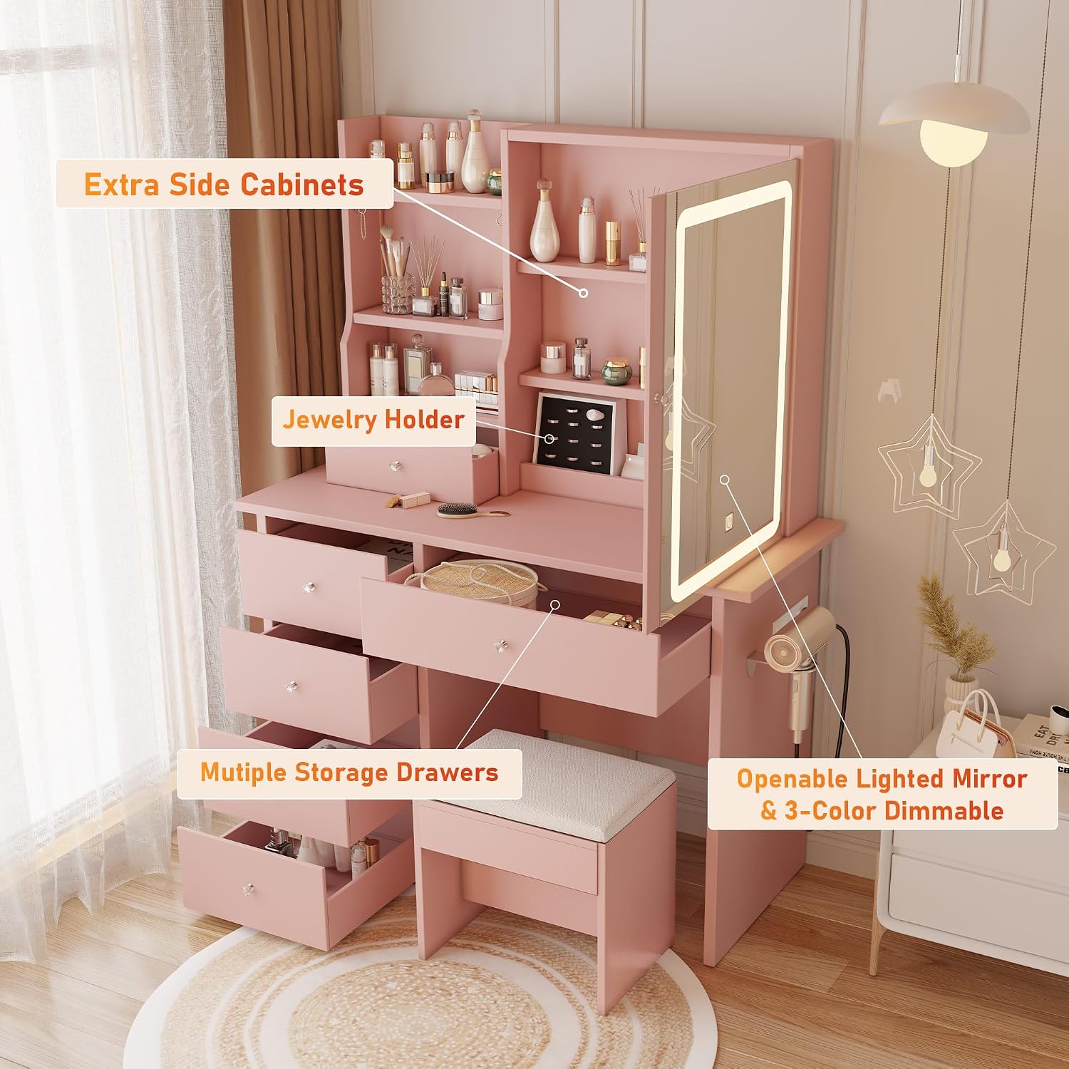 DYHOME Makeup Vanity Desk with LED Lights Mirror 3 Adjustable Modes and Power Outlets, Vanity Table with 6 Drawers Dresser and Bench, Makeup Desk for Bedroom Dressing Room, Pink