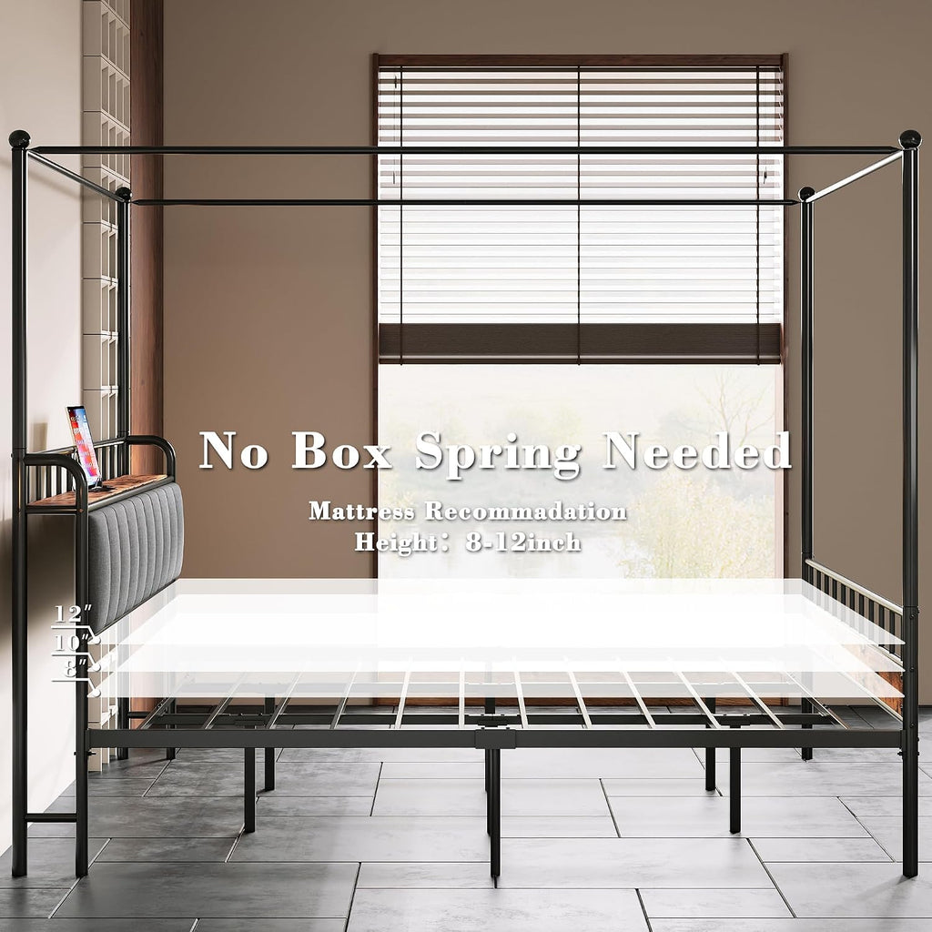 LIKIMIO Canopy Bed Frame King, Storage Headboard with Charging Station, Platform Bed with 4 Removable Sturdy Posts, Noise Free, No Box Spring Needed, Vintage Brown