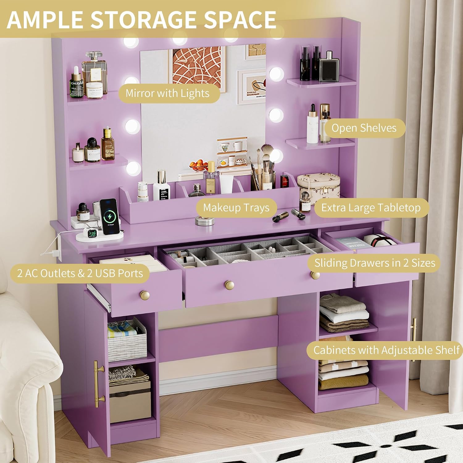Vanity Desk with Mirror and Lights, 43'' Makeup Dressing Table Set with 5 Drawers & Power Outlet, 3 Lighting Modes Brightness Adjustable, Vanity with RGB Ambient Light for Women Girls Bedroom, Purple