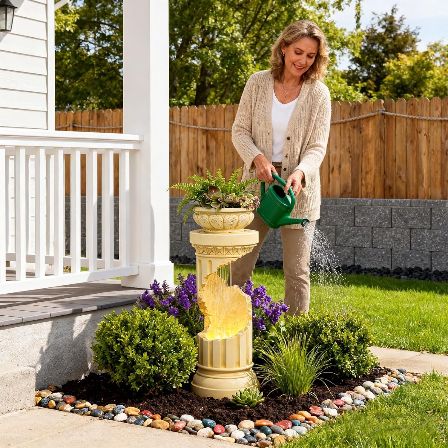 Sunlinua Outdoor Water Fountain with LED Light, Modern Spiral Tiered Outdoor Fountain with Stone Planter Curved Freestanding Waterfall Fountains for Garden Patio Deck Porch