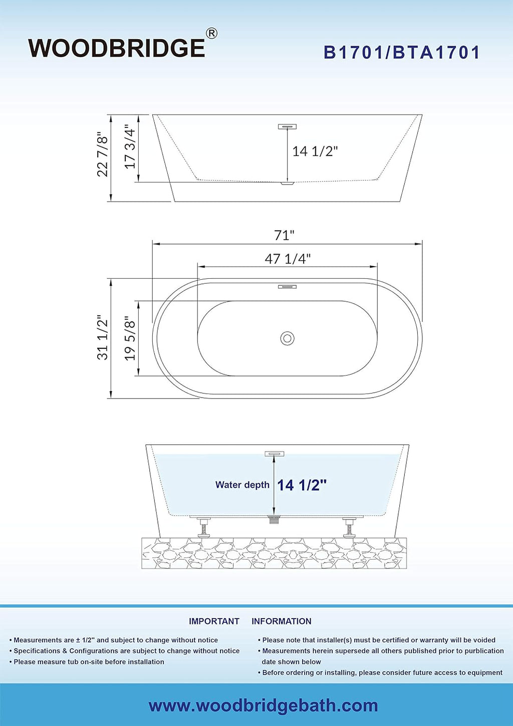 WOODBRIDGE 71' Acrylic Freestanding Bathtub Contemporary Soaking White Tub with Oil-Rubbed Bronze Overflow and Drain,B1701-ORB