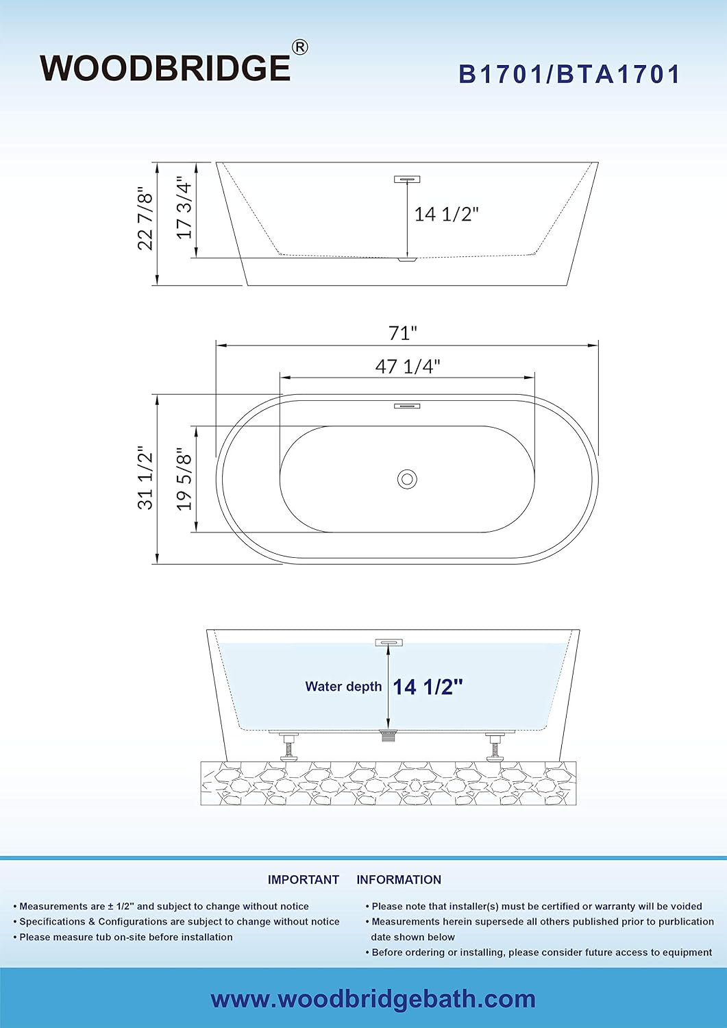 WOODBRIDGE 71' Acrylic Freestanding Bathtub Contemporary Soaking White Tub with Oil-Rubbed Bronze Overflow and Drain,White,B1701 ORB
