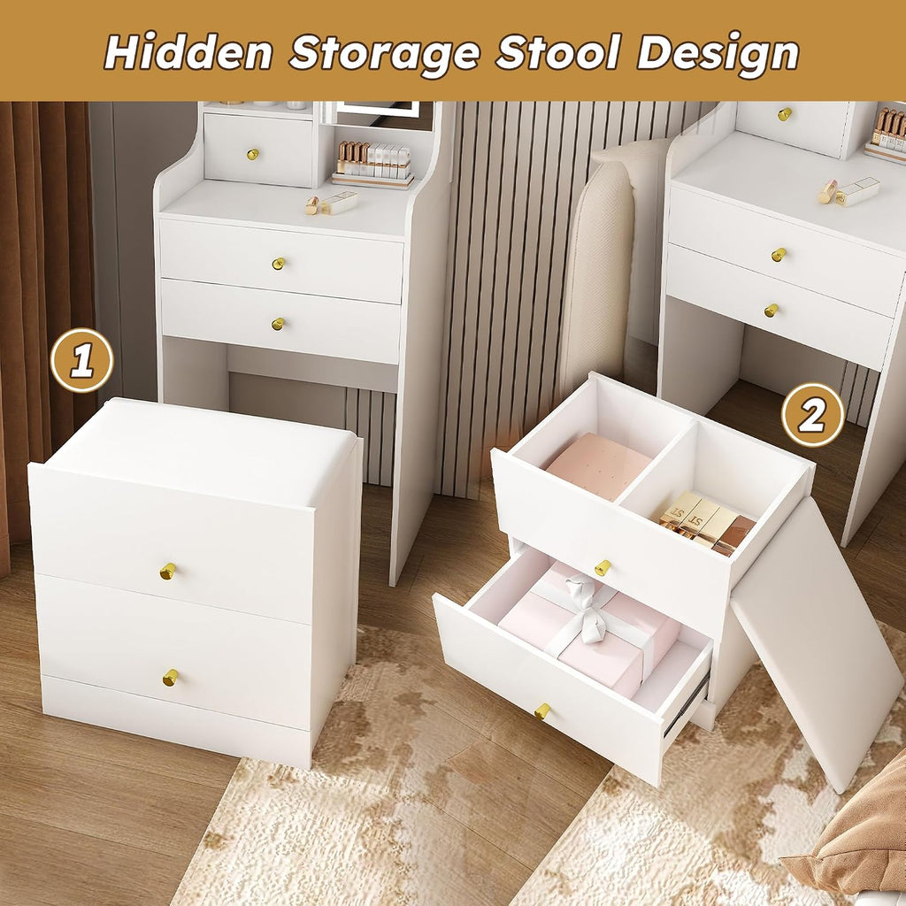 3-in-1 Vanity Desk with LED Mirror and Lights, Compact Makeup Vanity Table with 4 Drawers, Storage Cabinet, Hidden Stool & Shelves for Bedroom, White