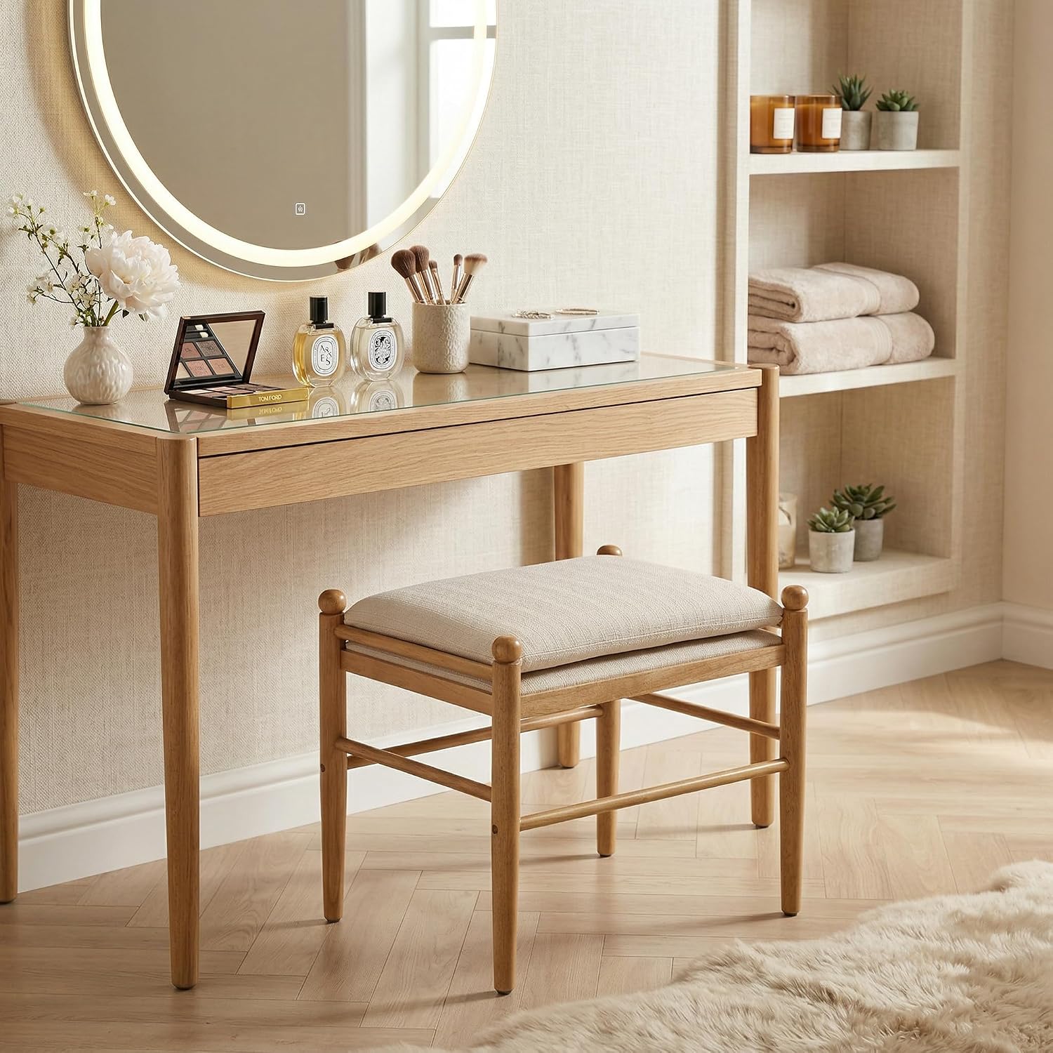 Kmax Ottoman Bench, 19 Inch Tall Vanity Chairs No Wheels, Upholstered Ktichen Chairs Backless Farmhouse Wooden Side Chairs for Dining Room, Extra Seating for Living Room - Linen, Beige