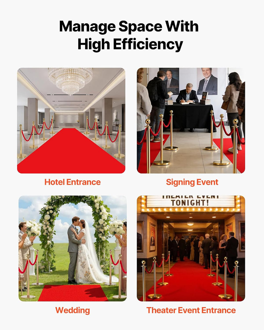 VEVOR Stanchions and Velvet Ropes 8Pcs, Hollow Base with Stainless Steel Post & 32.81ft Carpet, 6 Red Velvet Ropes, Crowd Control Barriers Gold Stanchions, Red Carpet Runner Poles for Party Supplies