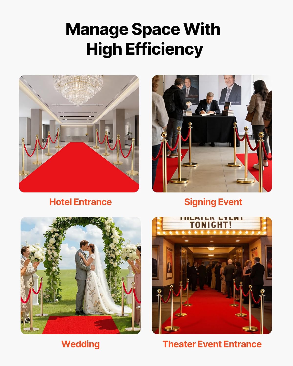VEVOR Stanchions and Velvet Ropes 8Pcs, Hollow Base with Stainless Steel Post & 32.81ft Carpet, 6 Red Velvet Ropes, Crowd Control Barriers Gold Stanchions, Red Carpet Runner Poles for Party Supplies