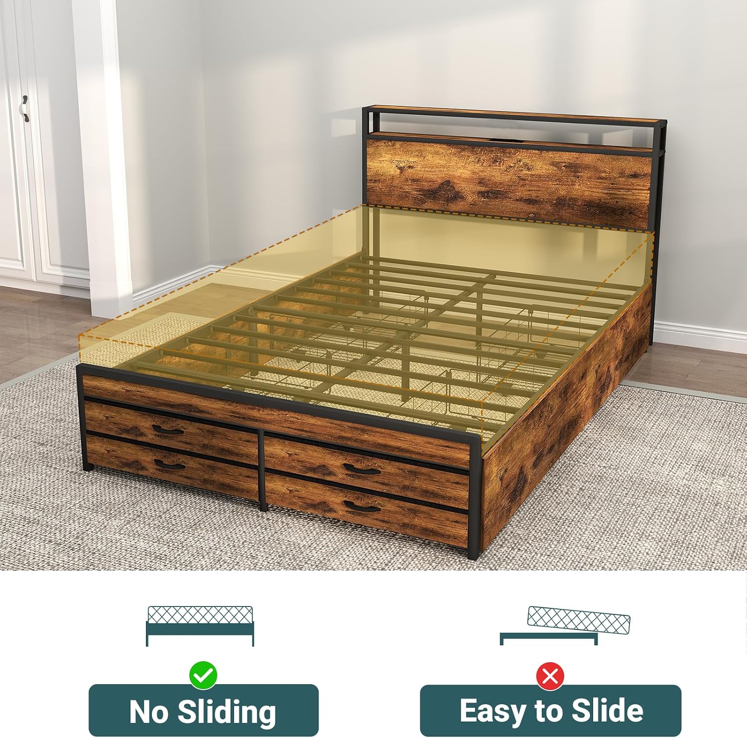 Zevemomo Queen Size Bed Frame with 8 Storage Drawers, Sturdy Queen Platform Bed with Wooden Headboard & Footboard, Noise-Free Design, No Box Spring Required, Brown