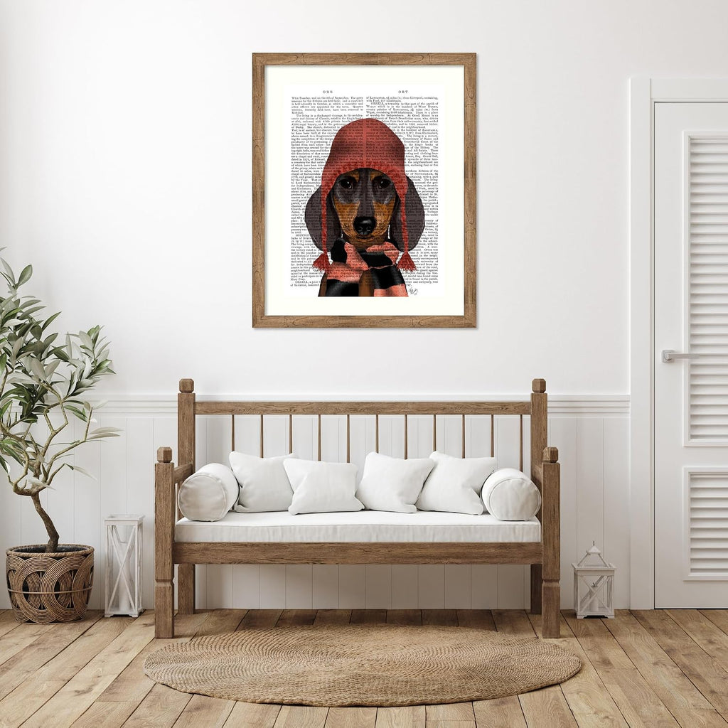 Amanti Art Framed Wall Art Print 44x36 Dachshund in Pink Hat and Scarf by Fab Funky, Animals Wall Art, Vintage Decor, X-Large Poster Painting Artwork for Living Room, Bedroom, Bathroom, Kitchen,