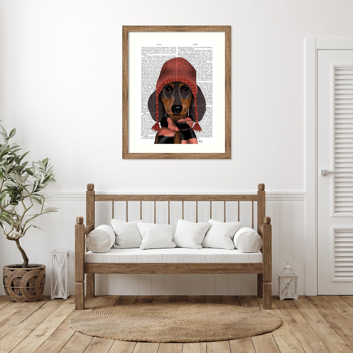 Amanti Art Framed Wall Art Print 44x36 Dachshund in Pink Hat and Scarf by Fab Funky, Animals Wall Art, Vintage Decor, X-Large Poster Painting Artwork for Living Room, Bedroom, Bathroom, Kitchen,